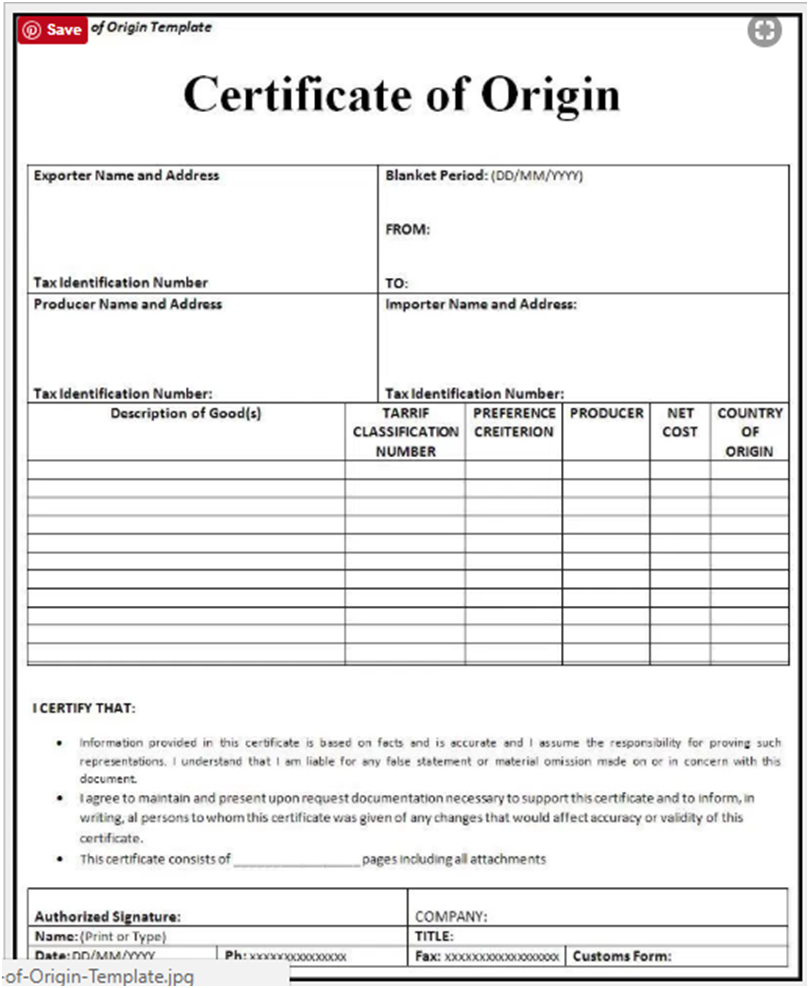 Certificate of Origin Document